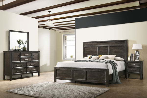 The Andover Wood 4-Piece Bedroom Set in Nutmeg Brown is a masterful blend of style, durability, and functionality, offering a complete solution for your bedroom needs. This set includes a Panel Bed, Dresser, Mirror, and Nightstand, each piece expertly cra