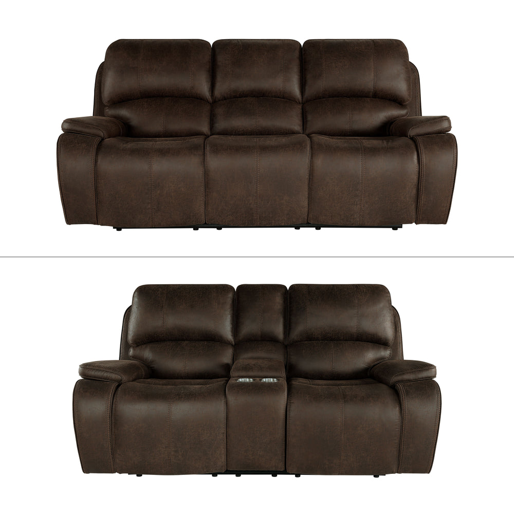 The Brookings 2 Piece Reclining Sofa & Console Loveseat in rustic brown is a perfect blend of style and comfort for your living room. This set includes a sofa and a console loveseat, both upholstered in soft hand polyester/PU fabric that mimics the look o