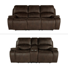 The Brookings 2 Piece Reclining Sofa & Console Loveseat in rustic brown is a perfect blend of style and comfort for your living room. This set includes a sofa and a console loveseat, both upholstered in soft hand polyester/PU fabric that mimics the look o