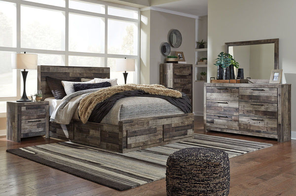 Rustic butcher block finish over replicated pine grain with authentic touch. Cases feature a framed front and pilasters. Bed features a thick and heavy design. Contemporary handles in an antiqued gunmetal finish. Side roller glides for smooth operating dr