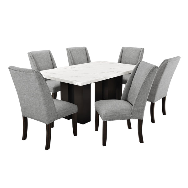  making it a standout addition to any dining area. This set includes a sophisticated white faux marble tabletop and a sturdy black pedestal base. Craft