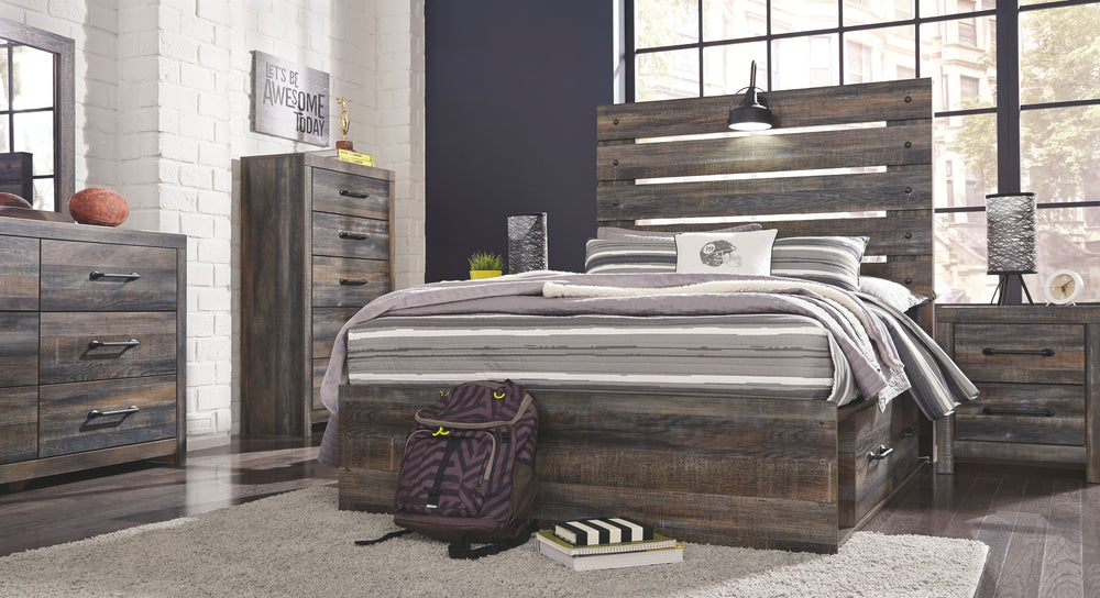 Burnt orange and teal colors accent a brown rustic finish in a replicated woodgrain with authentic touch. Large scaled dark colored handles. Cases feature a framed front and pilasters. All panel headboards (53,57,58,87) feature decorative matte black scon