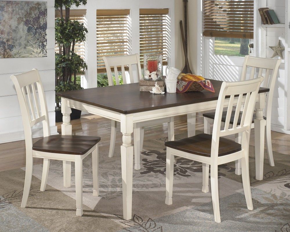 Made with select veneers and hardwood solids in a two-tone finish. Table and server top and chair seat is finished in a burnished brown color. The chair frame, table and server base is finished in cottage white paint. Antique bronze color bin pulls. Glued