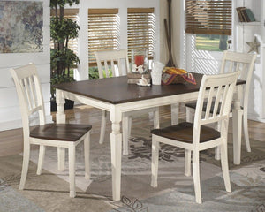 Made with select veneers and hardwood solids in a two-tone finish. Table and server top and chair seat is finished in a burnished brown color. The chair frame, table and server base is finished in cottage white paint. Antique bronze color bin pulls. Glued