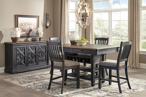 Unique two-tone finish with a combination of Oak and Acacia substrates combining a trendy textured antique black color with table and server tops finished in a textural weathered oak finish. Rectangular dining table features six convenient drawers for sto
