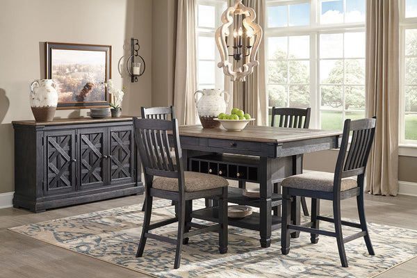 Unique two-tone finish with a combination of Oak and Acacia substrates combining a trendy textured antique black color with table and server tops finished in a textural weathered oak finish. Rectangular dining table features six convenient drawers for sto