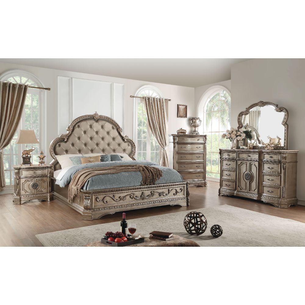 The Northville traditional design of this collection is distinguished by flowing lines and decorative details on every piece-curved fronts and tops, acanthus leaf accents, elaborately carved bracket feet and ornate pulls in an antique renter finish. The t