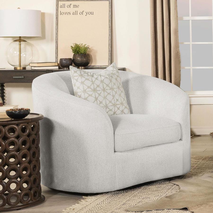 Elevate your contemporary living room reading nook with this elegant contemporary lounge chair, upholstered in a neutral latte finished boucle fabric throughout its contoured silhouette and curved sloped armrests. Accented by a single throw pillow, this s