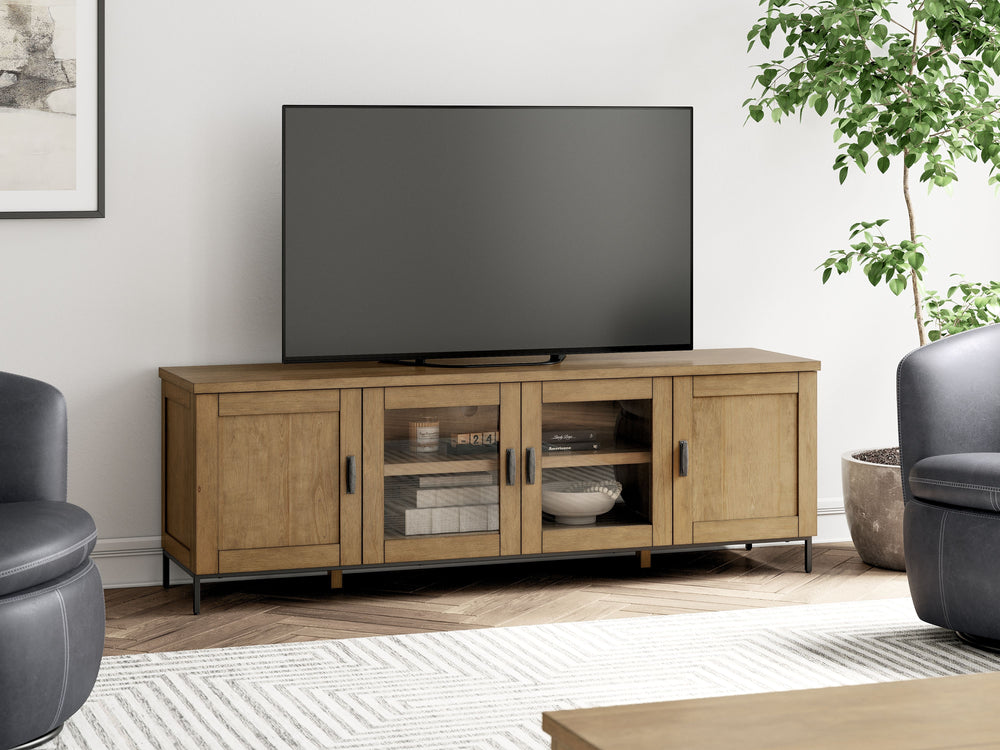 Made for the everyday, this TV stand is a sleek complement to your casual contemporary living room. Youâ€™ll love the refined-yet-relaxed vibe of its contrasting medium brown finish and matte black legs. Concealed and glass-front cabinets make media stora