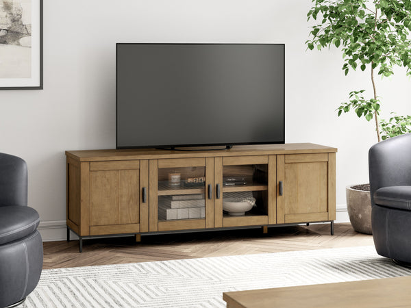  this TV stand is a sleek complement to your casual contemporary living room. Youâ€™ll love the refined-yet-relaxed vibe of its contrasting medium brown finish and matte black legs. Concealed and glass-front cabinets make media stora