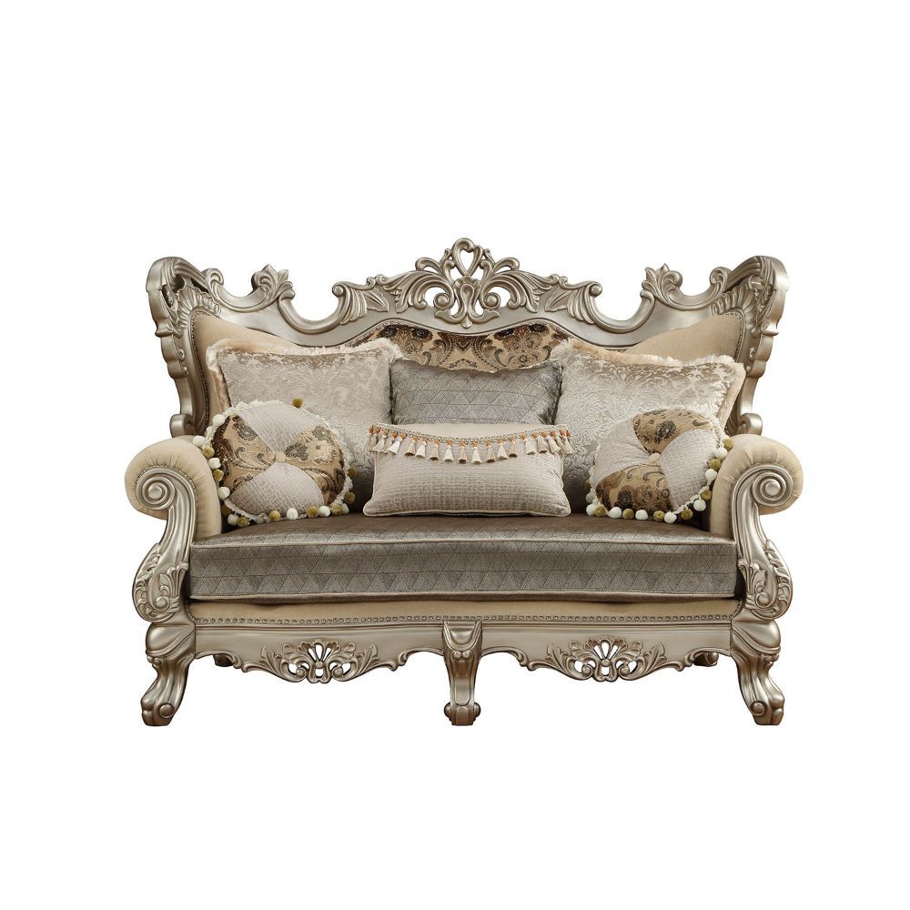 KD Back, w/6 Pillows â€¢ Oversized Scrolled Carving Trim with Nailhead Trim: Detailed Accents Inside/Outside Backrest: Champagne Finish, Poplar Wood (Front Armrest, Leg & Base) â€¢ Backrest Style: Wingback â€¢ Tight Back & Loose Seat Cushion (1+1) â€¢ Sea