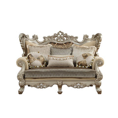 KD Back, w/6 Pillows â€¢ Oversized Scrolled Carving Trim with Nailhead Trim: Detailed Accents Inside/Outside Backrest: Champagne Finish, Poplar Wood (Front Armrest, Leg & Base) â€¢ Backrest Style: Wingback â€¢ Tight Back & Loose Seat Cushion (1+1) â€¢ Sea