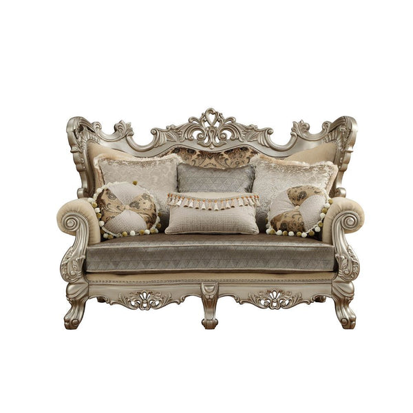 KD Back, w/6 Pillows â€¢ Oversized Scrolled Carving Trim with Nailhead Trim: Detailed Accents Inside/Outside Backrest: Champagne Finish, Poplar Wood (Front Armrest, Leg & Base) â€¢ Backrest Style: Wingback â€¢ Tight Back & Loose Seat Cushion (1+1) â€¢ Sea