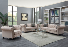 Aurelia sofa collection upholstered in gray & beige color linen fabric. Comfort and style define this sofa collection. This sofa and loveseat are detailed with classic details like deep button tufts and plush, sheltering arms. Adorned with button tufting 