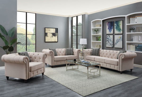 Aurelia sofa collection upholstered in gray & beige color linen fabric. Comfort and style define this sofa collection. This sofa and loveseat are detailed with classic details like deep button tufts and plush, sheltering arms. Adorned with button tufting 