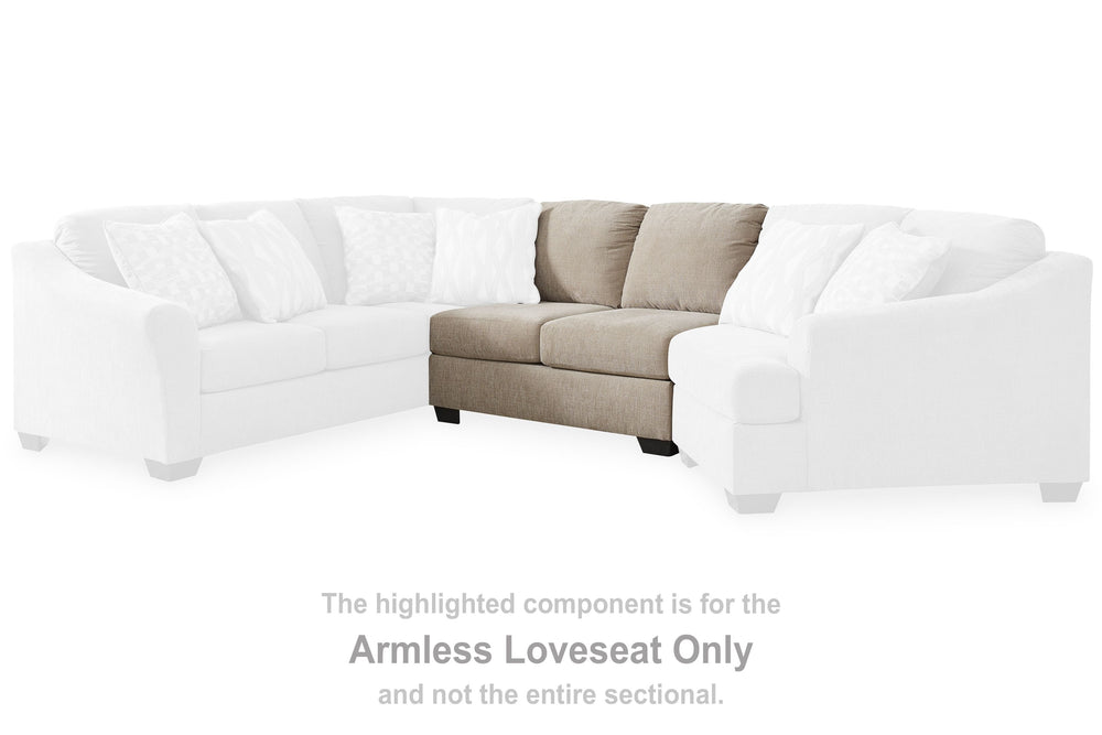 This armless loveseat is made with polyester upholstery. Pairs with other items in the series to make a sectional.<br><br><b>Additional Dimensions</b><br><ul><li>Seat depth: 32-"</li><li>Seat height: 21-"</li><li>Top of cushion to top of back: 18-"</li><l