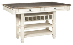 The beauty and practicality of this dining room counter table is something to savor. A two-tone textural finish gives this dining table with plank-effect top a double helping of charm. Four smooth-gliding drawers allow you to keep placemats, napkins and u