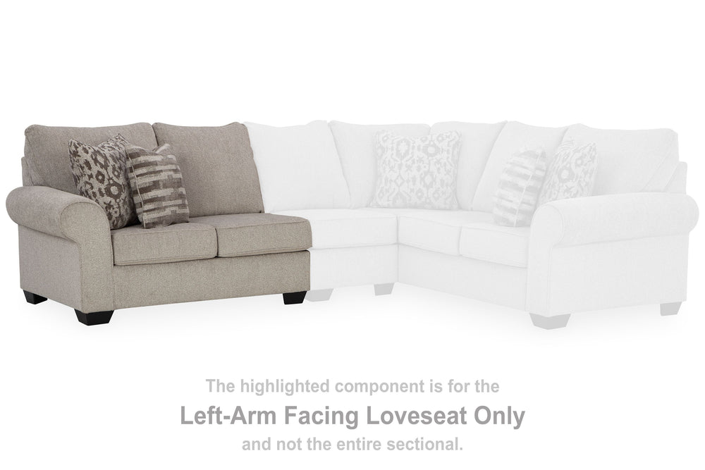 This left-arm facing loveseat is made with polyester upholstery. Pairs with other items in the series to make a sectional.<br><br><b>Additional Dimensions</b><br><ul><li>Arm height: 27-"</li><li>Seat depth: 22-"</li><li>Seat height: 20-"</li><li>Top of cu