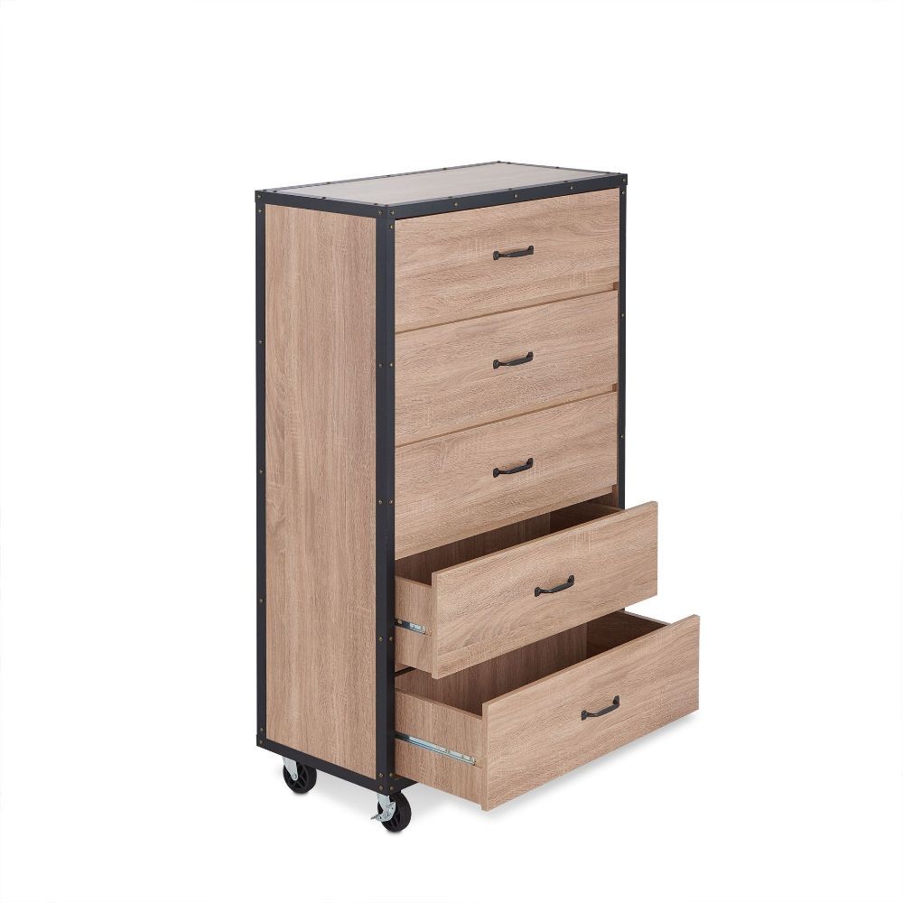 The Bemis collection offers plenty of storage function and mobility for your home. Feel good knowing you have a durable look with its all around riveted accent around light weathered oak and casters wheels for easy moving.<br/><br/><b>Product Features</b>