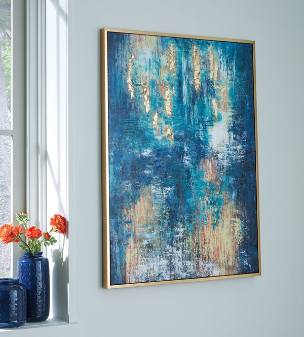  contemporary vibe with the abstract design of this wall art. Its cool tones blend expertly with shades of rust and gold for added depth and dimension. A goldtone leaf embellishment lends a dash of glam character.<br/><br/><b>Product Feature