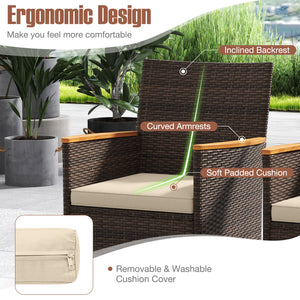 Dining table with acacia wood top offers long-lasting beauty and strength<br>Mix brown PE rattan is sun-protective  fade-resistant  and breathable <br>Crafted with a robust metal frame that is stable and long-lasting<br>High backrest and curved armrests f