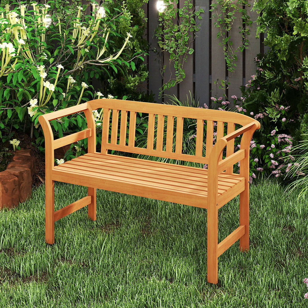 Suitable for 2 people with a 40" Ã— 17" seat and 800 lbs weight capacity<br>Natural and sturdy acacia wood for long-lasting reliability<br>Geometric backrest offers support and enhances sophistication<br>Comfortable armrests allow you to rest your arms fo