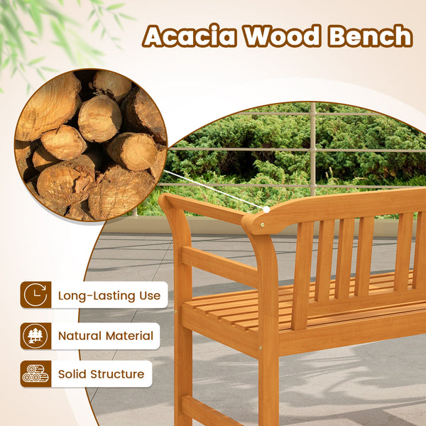 Suitable for 2 people with a 40" Ã— 17" seat and 800 lbs weight capacity<br>Natural and sturdy acacia wood for long-lasting reliability<br>Geometric backrest offers support and enhances sophistication<br>Comfortable armrests allow you to rest your arms fo