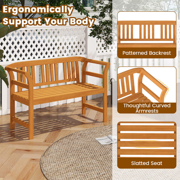 Suitable for 2 people with a 40" Ã— 17" seat and 800 lbs weight capacity<br>Natural and sturdy acacia wood for long-lasting reliability<br>Geometric backrest offers support and enhances sophistication<br>Comfortable armrests allow you to rest your arms fo