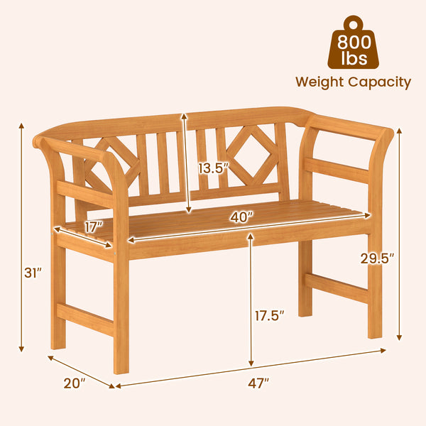 Suitable for 2 people with a 40" Ã— 17" seat and 800 lbs weight capacity<br>Natural and sturdy acacia wood for long-lasting reliability<br>Geometric backrest offers support and enhances sophistication<br>Comfortable armrests allow you to rest your arms fo