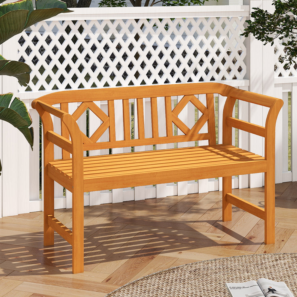 Suitable for 2 people with a 40" Ã— 17" seat and 800 lbs weight capacity<br>Natural and sturdy acacia wood for long-lasting reliability<br>Geometric backrest offers support and enhances sophistication<br>Comfortable armrests allow you to rest your arms fo
