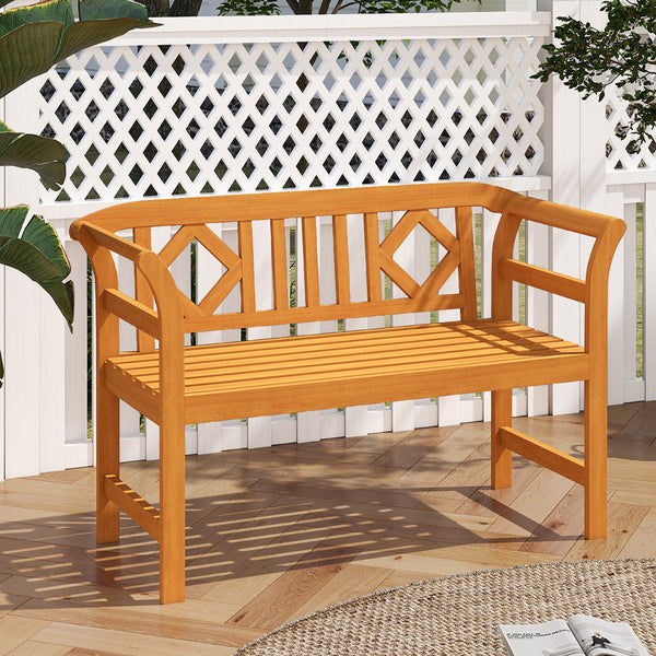 Suitable for 2 people with a 40" Ã— 17" seat and 800 lbs weight capacity<br>Natural and sturdy acacia wood for long-lasting reliability<br>Geometric backrest offers support and enhances sophistication<br>Comfortable armrests allow you to rest your arms fo
