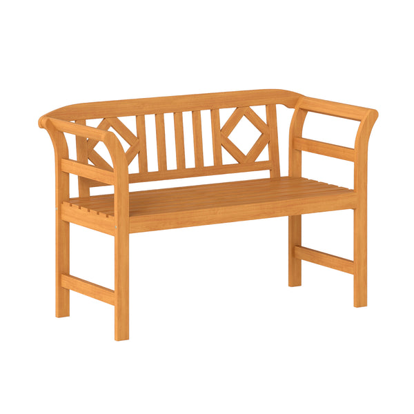 Suitable for 2 people with a 40" Ã— 17" seat and 800 lbs weight capacity<br>Natural and sturdy acacia wood for long-lasting reliability<br>Geometric backrest offers support and enhances sophistication<br>Comfortable armrests allow you to rest your arms fo