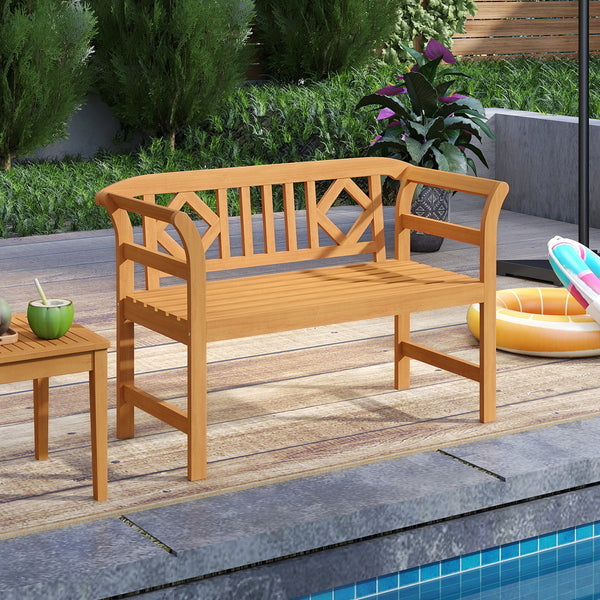 Suitable for 2 people with a 40" Ã— 17" seat and 800 lbs weight capacity<br>Natural and sturdy acacia wood for long-lasting reliability<br>Geometric backrest offers support and enhances sophistication<br>Comfortable armrests allow you to rest your arms fo