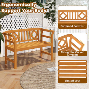 Suitable for 2 people with a 40" Ã— 17" seat and 800 lbs weight capacity<br>Natural and sturdy acacia wood for long-lasting reliability<br>Geometric backrest offers support and enhances sophistication<br>Comfortable armrests allow you to rest your arms fo