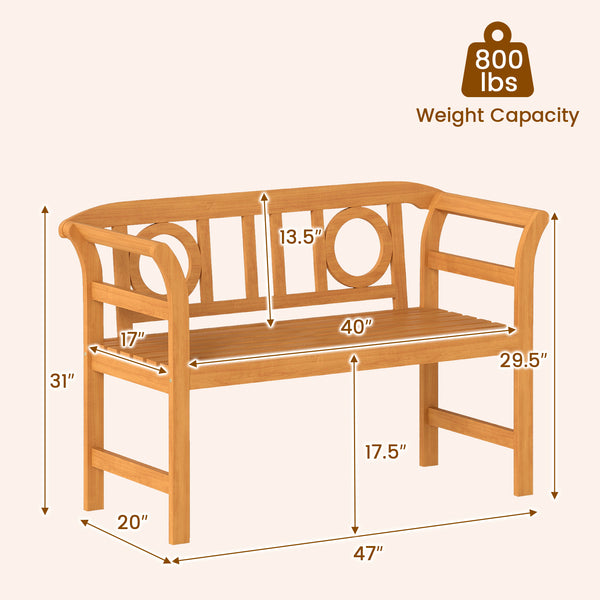 Suitable for 2 people with a 40" Ã— 17" seat and 800 lbs weight capacity<br>Natural and sturdy acacia wood for long-lasting reliability<br>Geometric backrest offers support and enhances sophistication<br>Comfortable armrests allow you to rest your arms fo