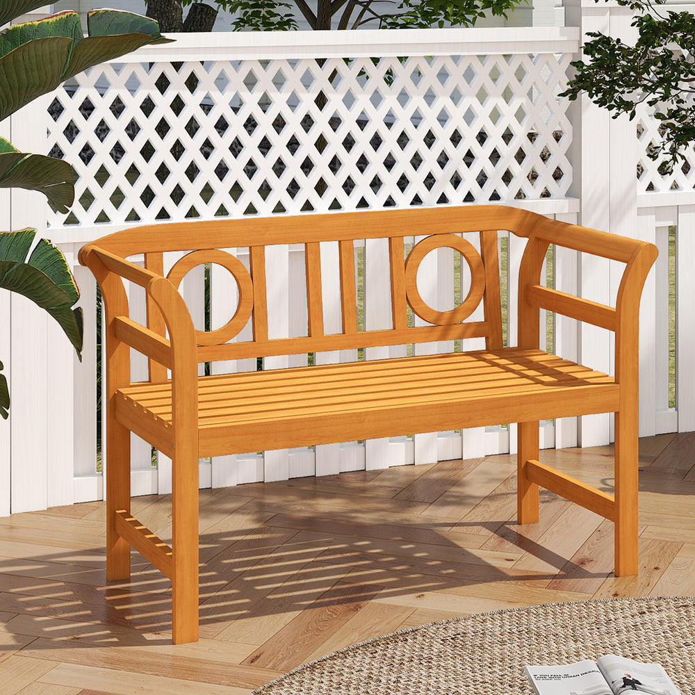 Suitable for 2 people with a 40" Ã— 17" seat and 800 lbs weight capacity<br>Natural and sturdy acacia wood for long-lasting reliability<br>Geometric backrest offers support and enhances sophistication<br>Comfortable armrests allow you to rest your arms fo