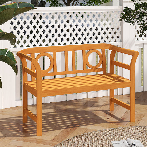 Suitable for 2 people with a 40" Ã— 17" seat and 800 lbs weight capacity<br>Natural and sturdy acacia wood for long-lasting reliability<br>Geometric backrest offers support and enhances sophistication<br>Comfortable armrests allow you to rest your arms fo