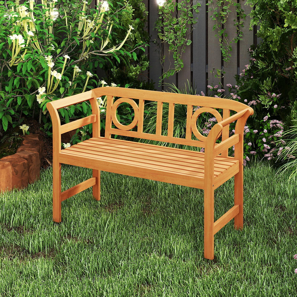 Suitable for 2 people with a 40" Ã— 17" seat and 800 lbs weight capacity<br>Natural and sturdy acacia wood for long-lasting reliability<br>Geometric backrest offers support and enhances sophistication<br>Comfortable armrests allow you to rest your arms fo