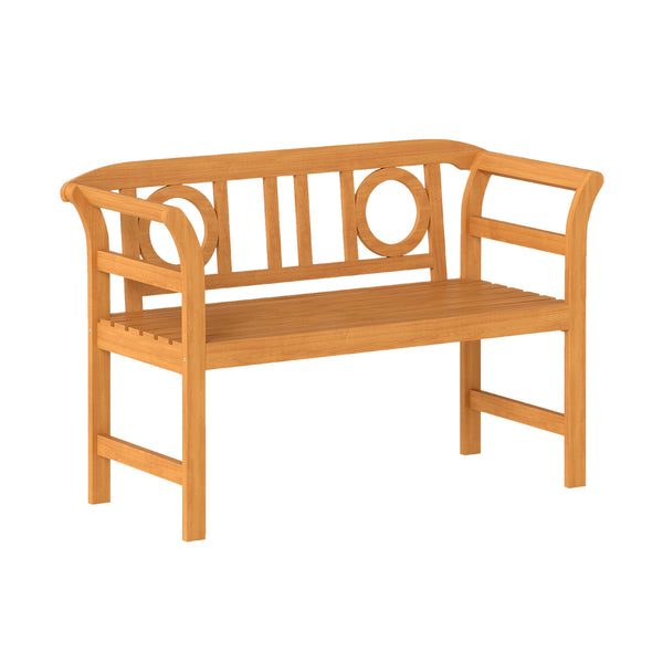Suitable for 2 people with a 40" Ã— 17" seat and 800 lbs weight capacity<br>Natural and sturdy acacia wood for long-lasting reliability<br>Geometric backrest offers support and enhances sophistication<br>Comfortable armrests allow you to rest your arms fo