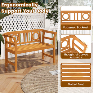 Suitable for 2 people with a 40" Ã— 17" seat and 800 lbs weight capacity<br>Natural and sturdy acacia wood for long-lasting reliability<br>Geometric backrest offers support and enhances sophistication<br>Comfortable armrests allow you to rest your arms fo