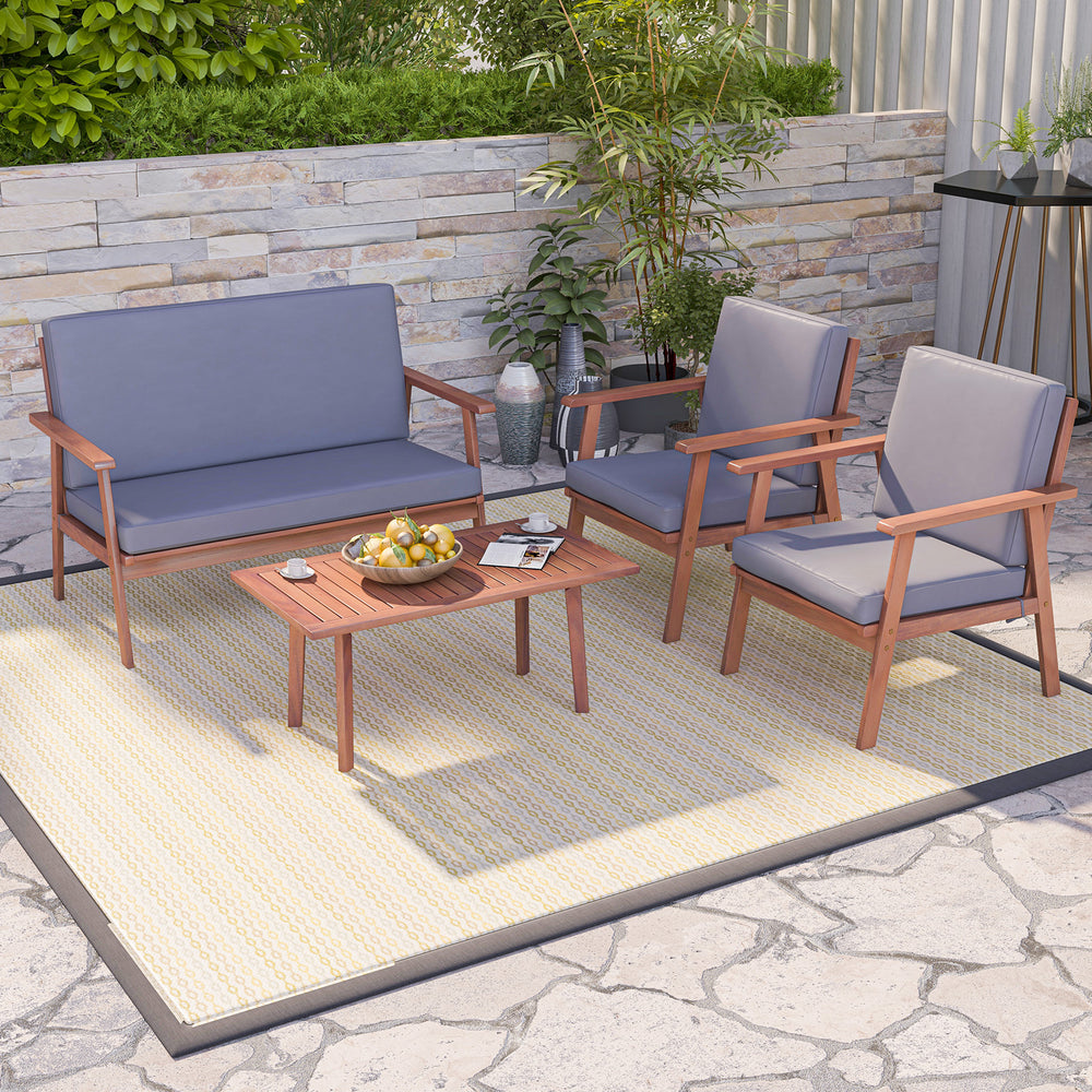 High-density filled cushions for optimal comfort<br>Convenient zippers for easy maintenance of cushion covers<br>Strong and durable acacia wood frame for high stability<br>Inclined backrest and cozy armrests offer added coziness<br>Reinforced cross bars f