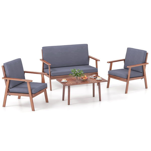 High-density filled cushions for optimal comfort<br>Convenient zippers for easy maintenance of cushion covers<br>Strong and durable acacia wood frame for high stability<br>Inclined backrest and cozy armrests offer added coziness<br>Reinforced cross bars f