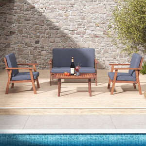 High-density filled cushions for optimal comfort<br>Convenient zippers for easy maintenance of cushion covers<br>Strong and durable acacia wood frame for high stability<br>Inclined backrest and cozy armrests offer added coziness<br>Reinforced cross bars f
