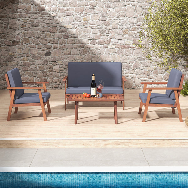High-density filled cushions for optimal comfort<br>Convenient zippers for easy maintenance of cushion covers<br>Strong and durable acacia wood frame for high stability<br>Inclined backrest and cozy armrests offer added coziness<br>Reinforced cross bars f