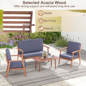 High-density filled cushions for optimal comfort<br>Convenient zippers for easy maintenance of cushion covers<br>Strong and durable acacia wood frame for high stability<br>Inclined backrest and cozy armrests offer added coziness<br>Reinforced cross bars f