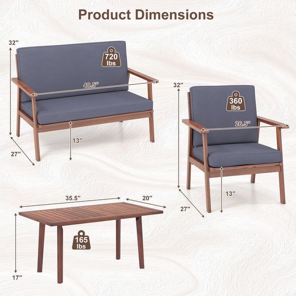 High-density filled cushions for optimal comfort<br>Convenient zippers for easy maintenance of cushion covers<br>Strong and durable acacia wood frame for high stability<br>Inclined backrest and cozy armrests offer added coziness<br>Reinforced cross bars f