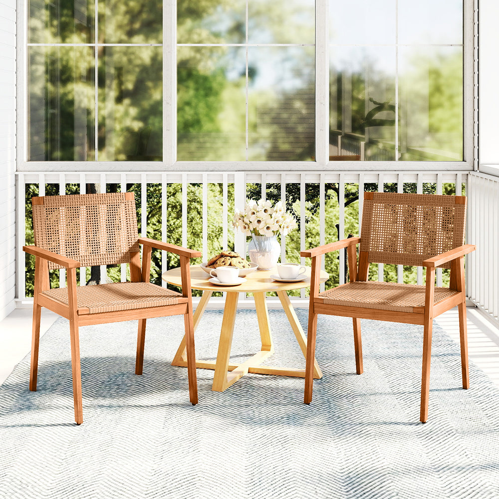 High-quality PE rattan for long-term durability and elegance<br>Built for added stability with a premium acacia wood frame<br>Inclined backrest contours to the natural curve of your spine<br>Comfortable armrests provide excellent support for your arms<br>