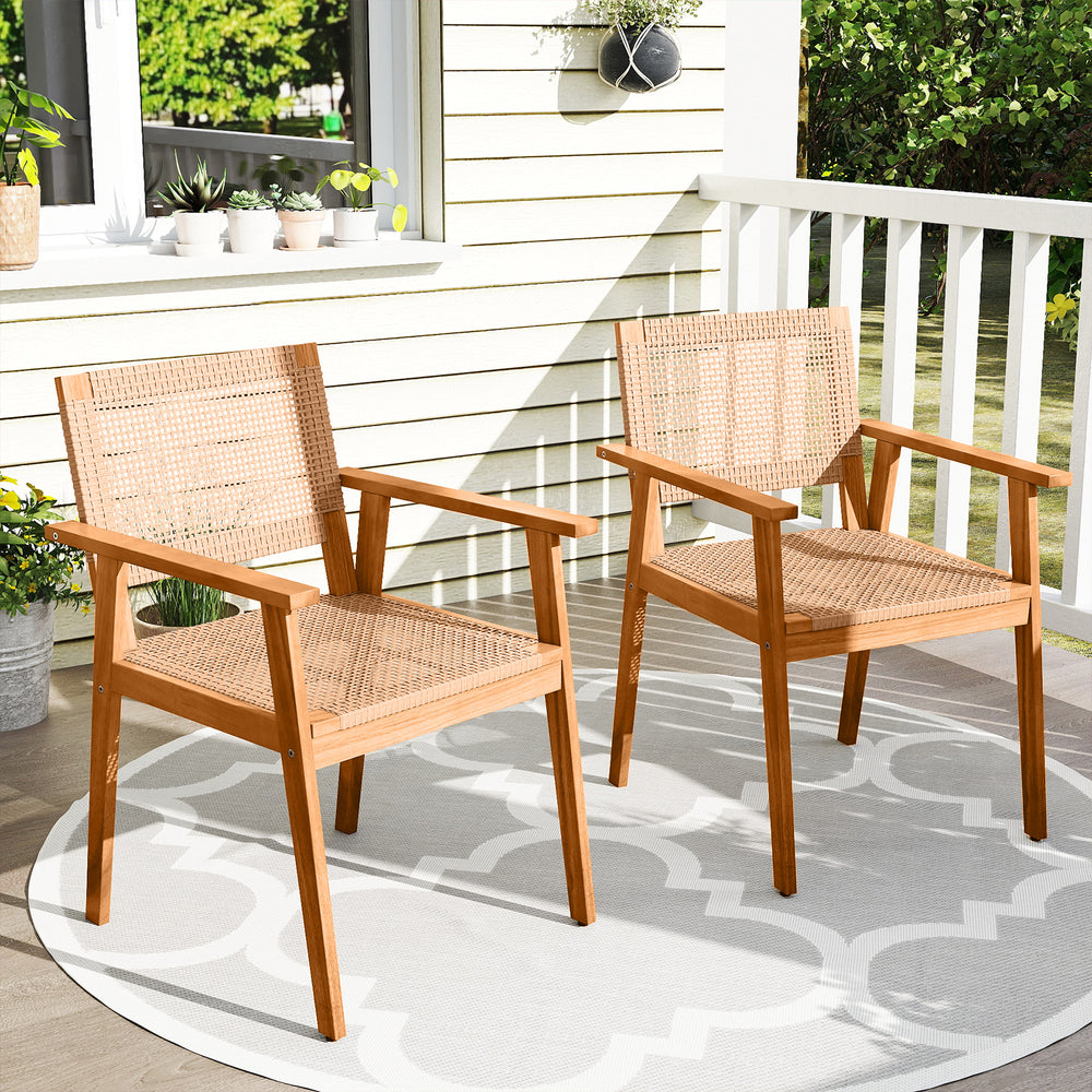 High-quality PE rattan for long-term durability and elegance<br>Built for added stability with a premium acacia wood frame<br>Inclined backrest contours to the natural curve of your spine<br>Comfortable armrests provide excellent support for your arms<br>