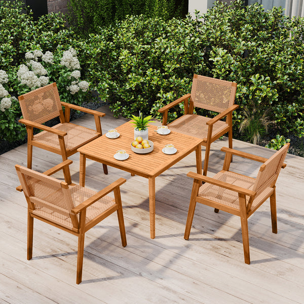 High-quality PE rattan for long-term durability and elegance<br>Built for added stability with a premium acacia wood frame<br>Inclined backrest contours to the natural curve of your spine<br>Comfortable armrests provide excellent support for your arms<br>