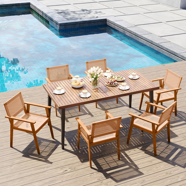 High-quality PE rattan for long-term durability and elegance<br>Built for added stability with a premium acacia wood frame<br>Inclined backrest contours to the natural curve of your spine<br>Comfortable armrests provide excellent support for your arms<br>